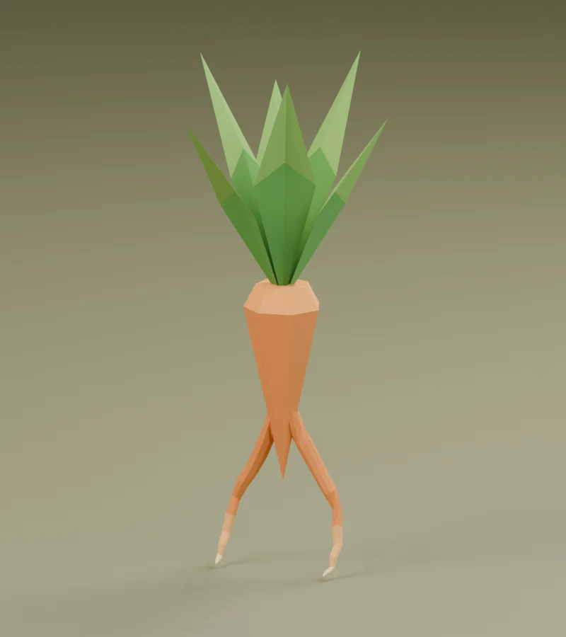 Low-poly carrot with leafy green hair and two long root legs