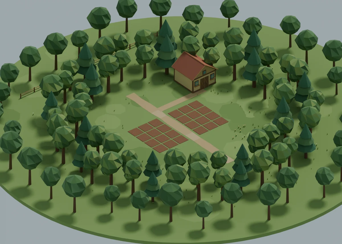 World art preview of the farmhouse, paths, vegetable beds and tree-lined clearing